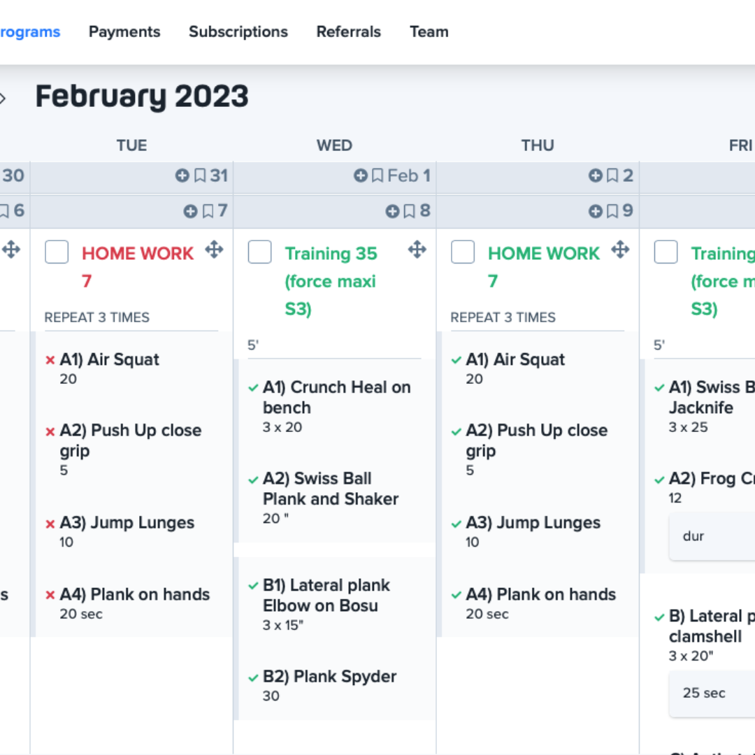 Spreadsheet of workout plan made by La Jolla personal training